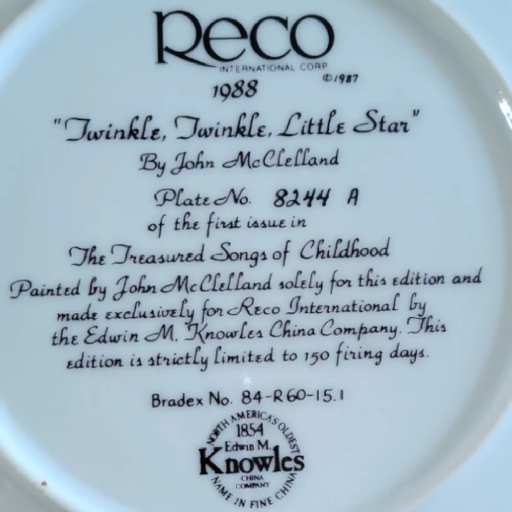 Vtg 87 Reco Intnl Twinkle Twinkle Little Star John McClellan 1st Issue Plate